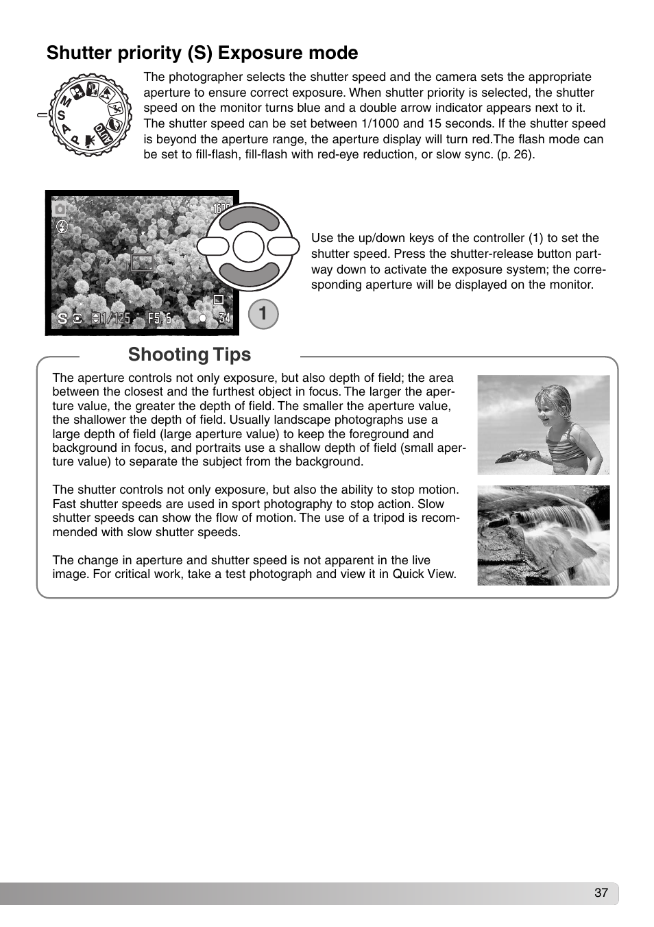 Shutter priority (s) exposure mode, Shutter priority (s) exposure mode shooting tips | Konica Minolta DiMAGE Z1 User Manual | Page 37 / 116