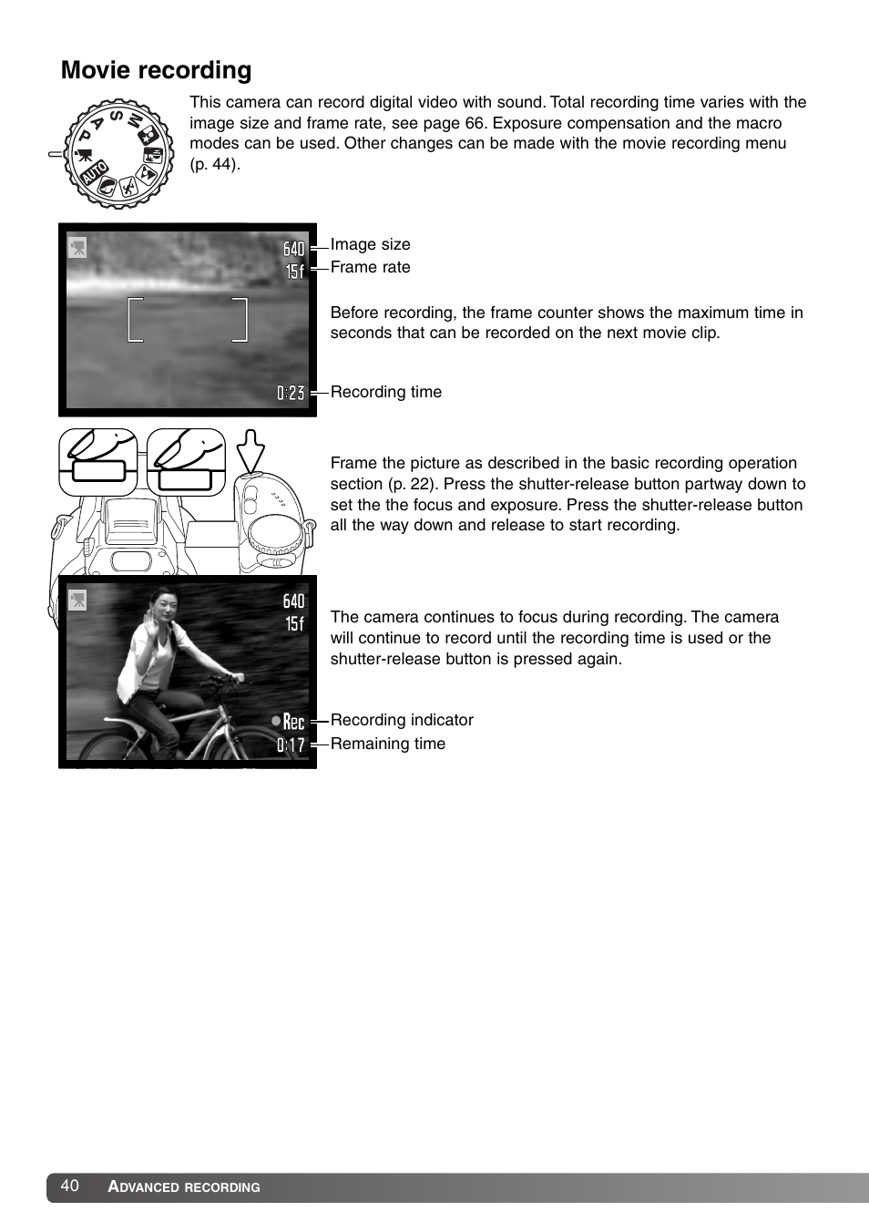 Movie recording | Konica Minolta DiMAGE Z1 User Manual | Page 40 / 116