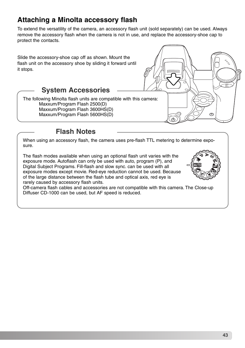 Attaching a minolta accessory flash, System accessories | Konica Minolta DiMAGE Z1 User Manual | Page 43 / 116