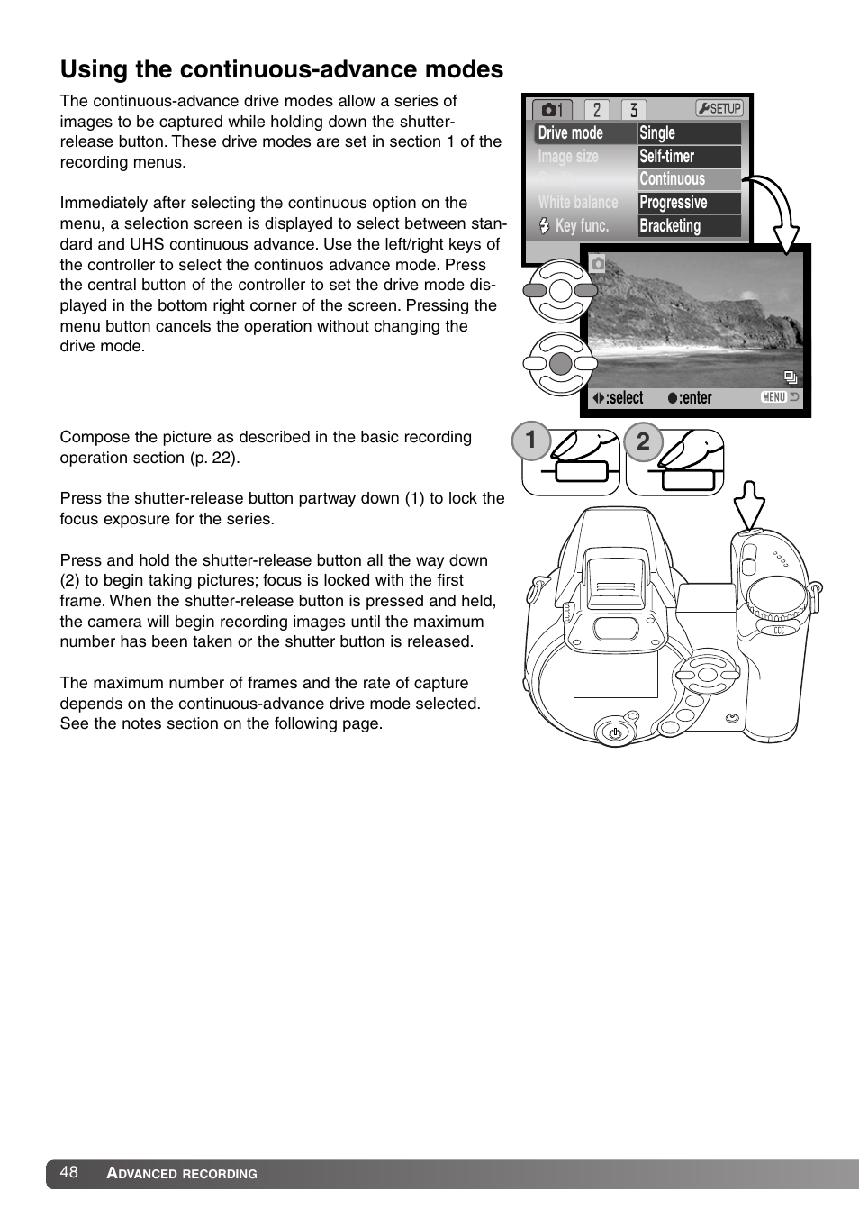 Using the continuous-advance modes | Konica Minolta DiMAGE Z1 User Manual | Page 48 / 116