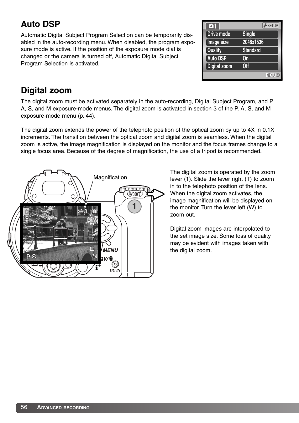 Auto dsp digital zoom, Auto dsp, Digital zoom | Konica Minolta DiMAGE Z1 User Manual | Page 56 / 116