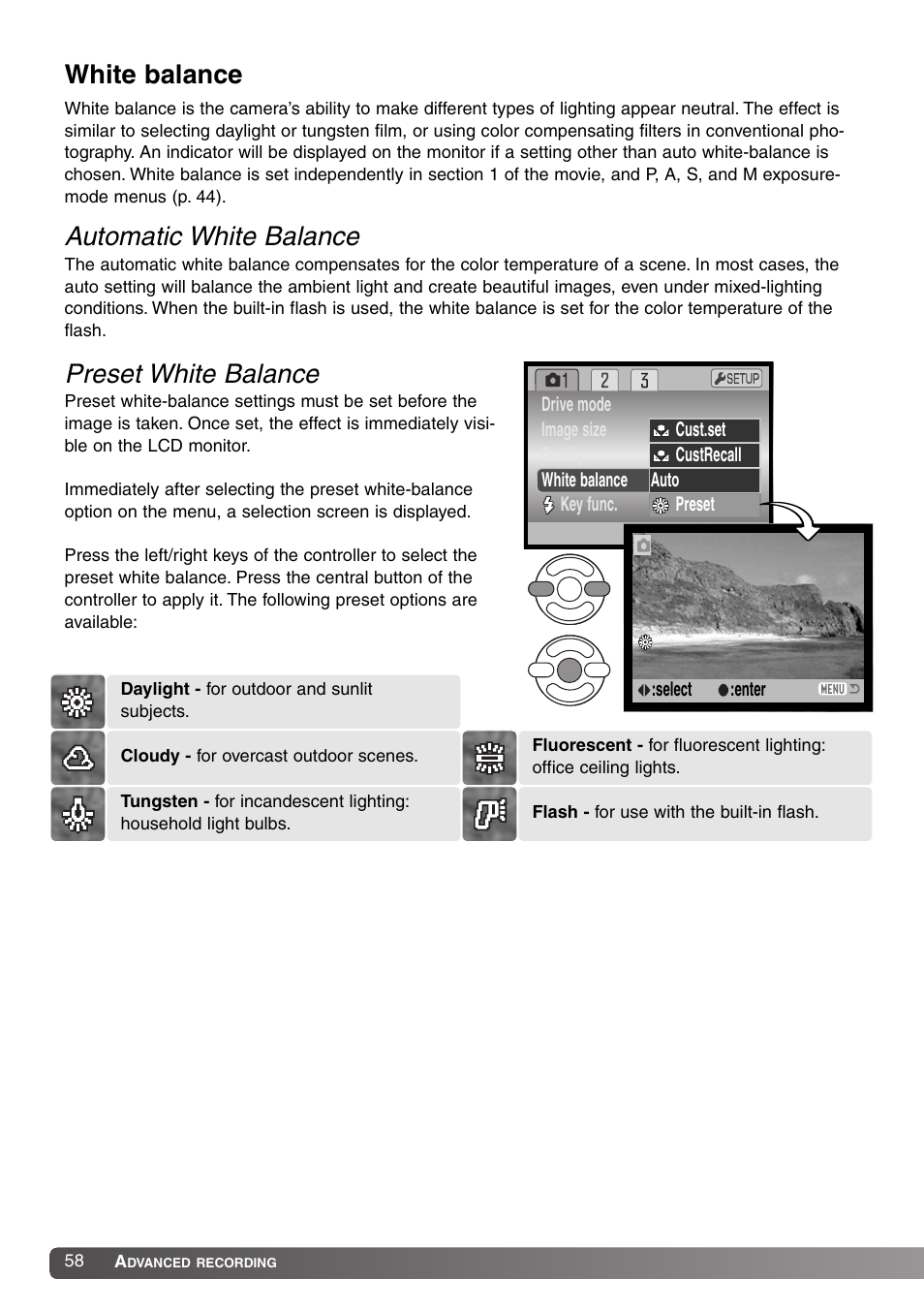 White balance, Automatic white balance preset white balance | Konica Minolta DiMAGE Z1 User Manual | Page 58 / 116