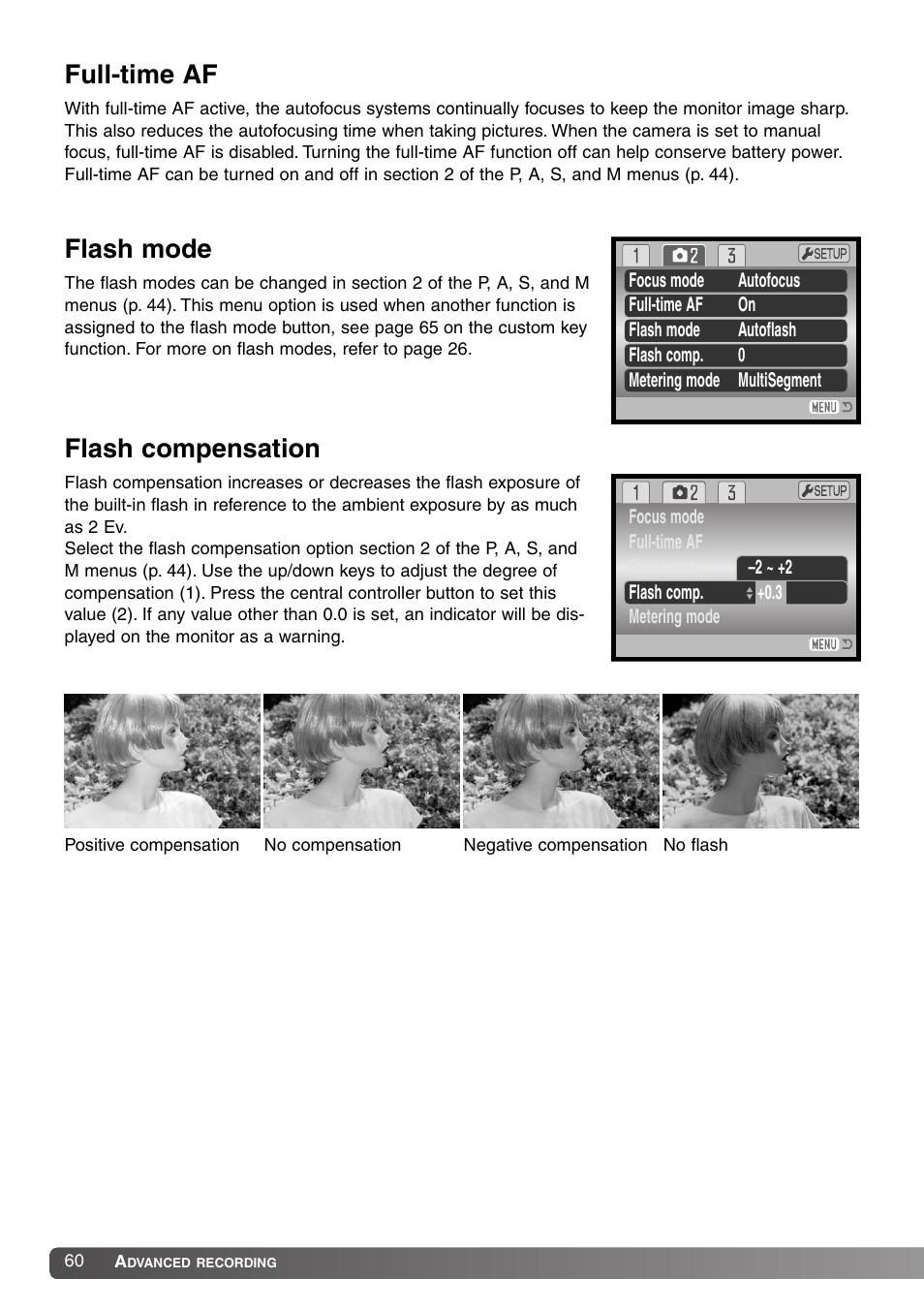 Full-time af flash mode flash compensation, Full-time af, Flash mode | Flash compensation | Konica Minolta DiMAGE Z1 User Manual | Page 60 / 116