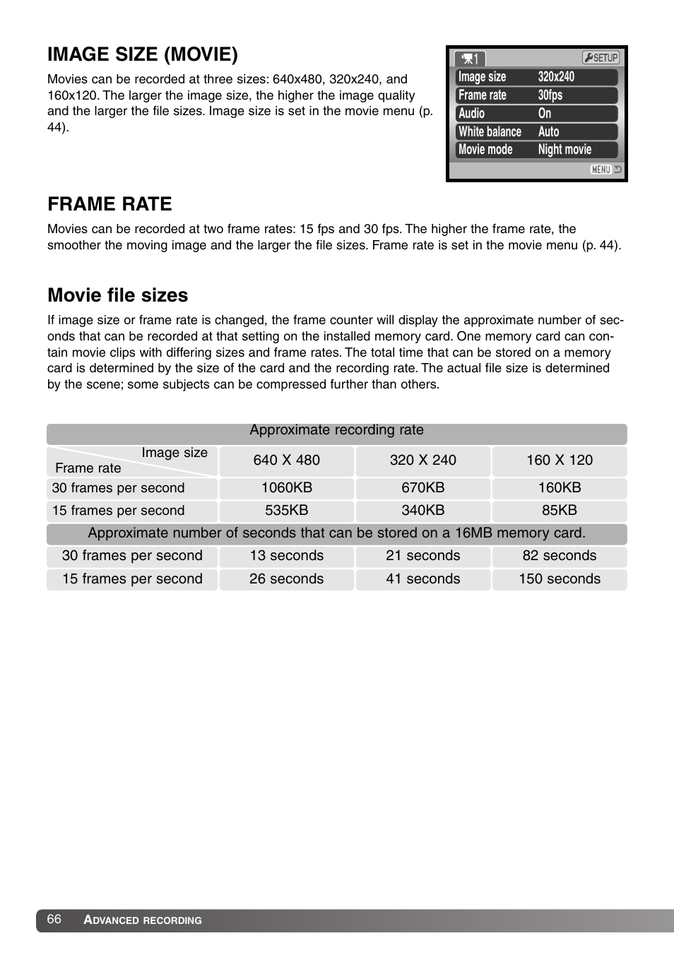 Image size (movie) frame rate movie file sizes, Image size (movie), Frame rate | Movie file sizes | Konica Minolta DiMAGE Z1 User Manual | Page 66 / 116