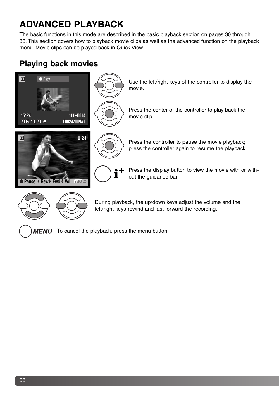 Advanced playback, Playing back movies | Konica Minolta DiMAGE Z1 User Manual | Page 68 / 116
