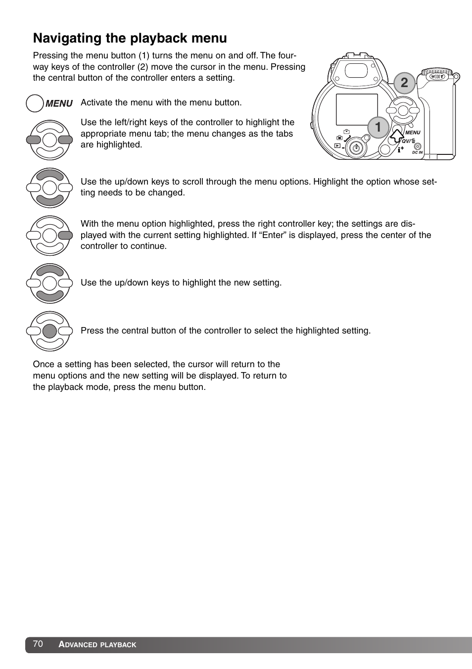 Navigating the playback-mode menu, Navigating the playback menu 1 2 | Konica Minolta DiMAGE Z1 User Manual | Page 70 / 116