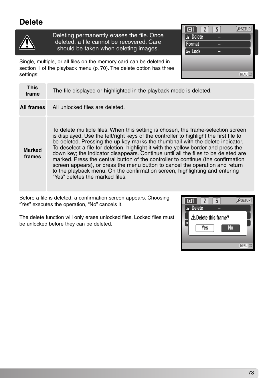 Delete | Konica Minolta DiMAGE Z1 User Manual | Page 73 / 116