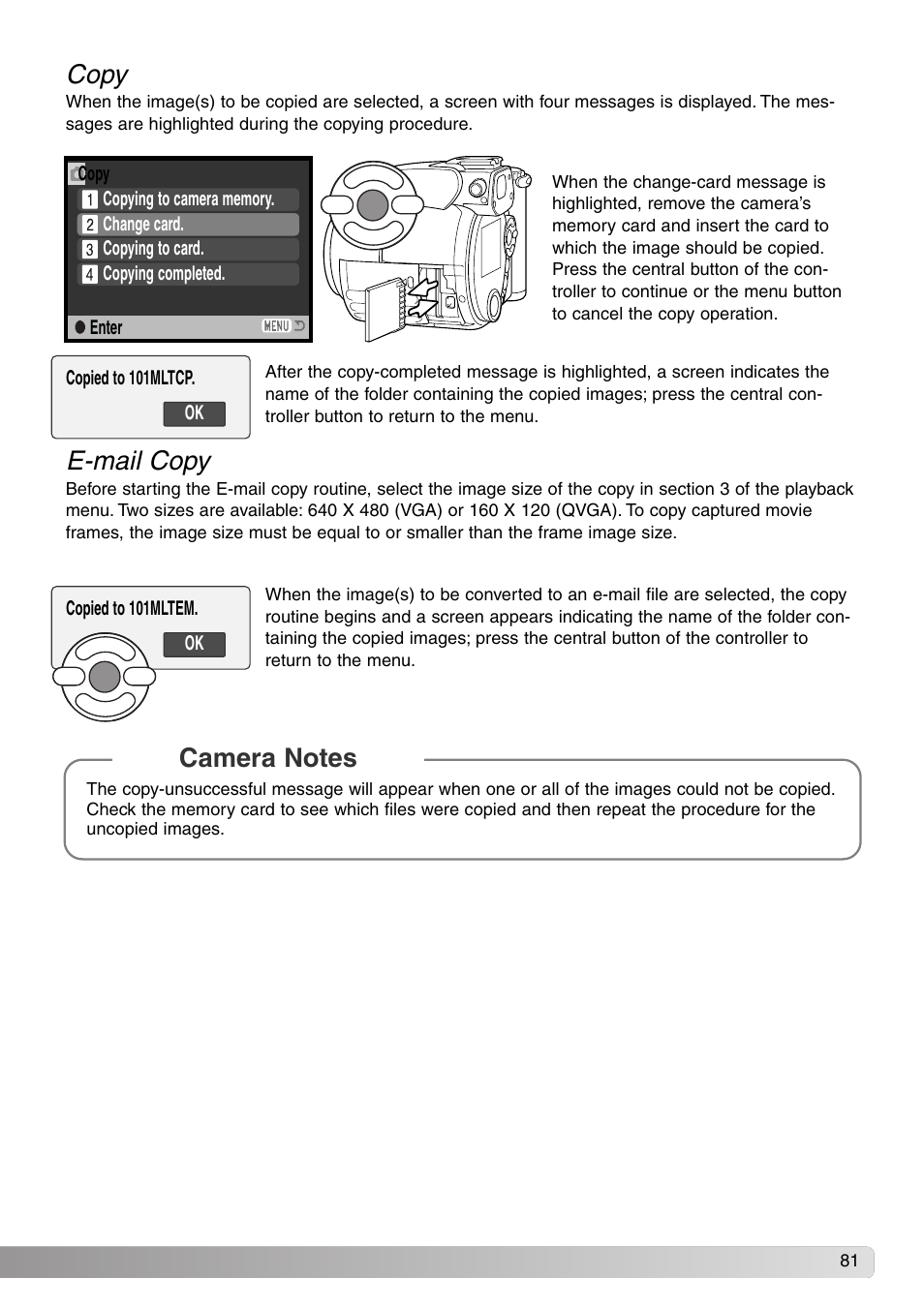 Copy, E-mail copy | Konica Minolta DiMAGE Z1 User Manual | Page 81 / 116
