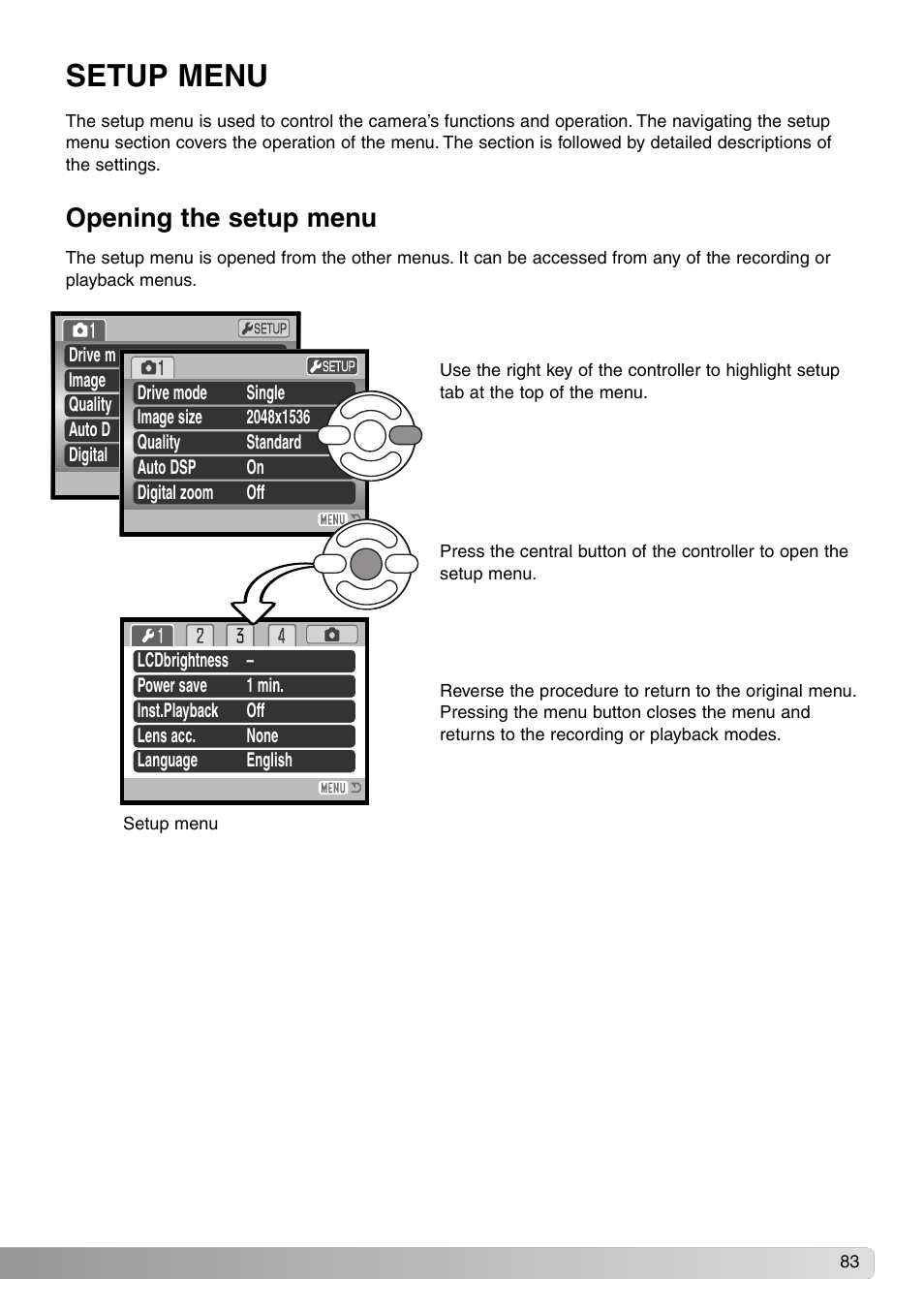 Setup menu, Opening the setup menu | Konica Minolta DiMAGE Z1 User Manual | Page 83 / 116