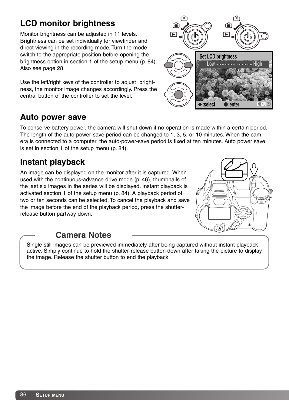 Lcd monitor brightness, Auto power save, Instant playback | Konica Minolta DiMAGE Z1 User Manual | Page 86 / 116