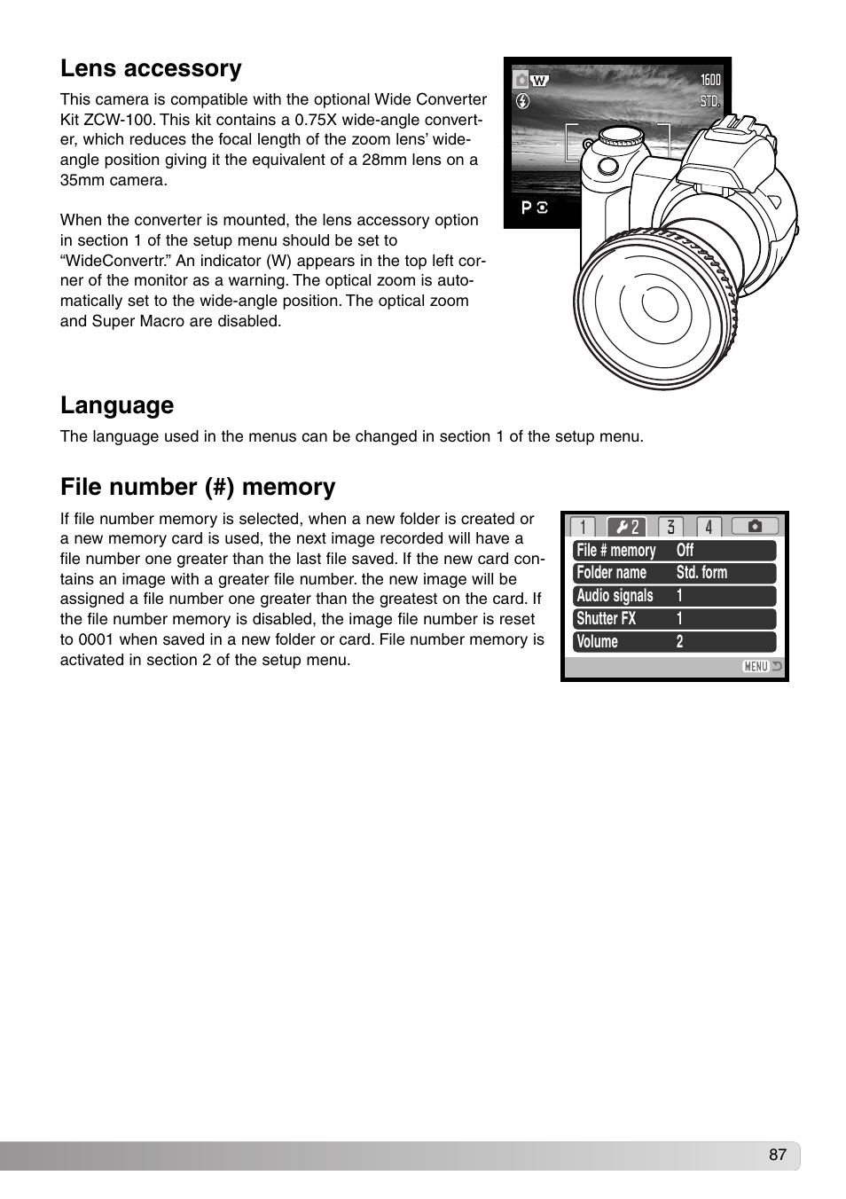 Lens accessory language file number (#) memory, Lens accessory, Language | Konica Minolta DiMAGE Z1 User Manual | Page 87 / 116