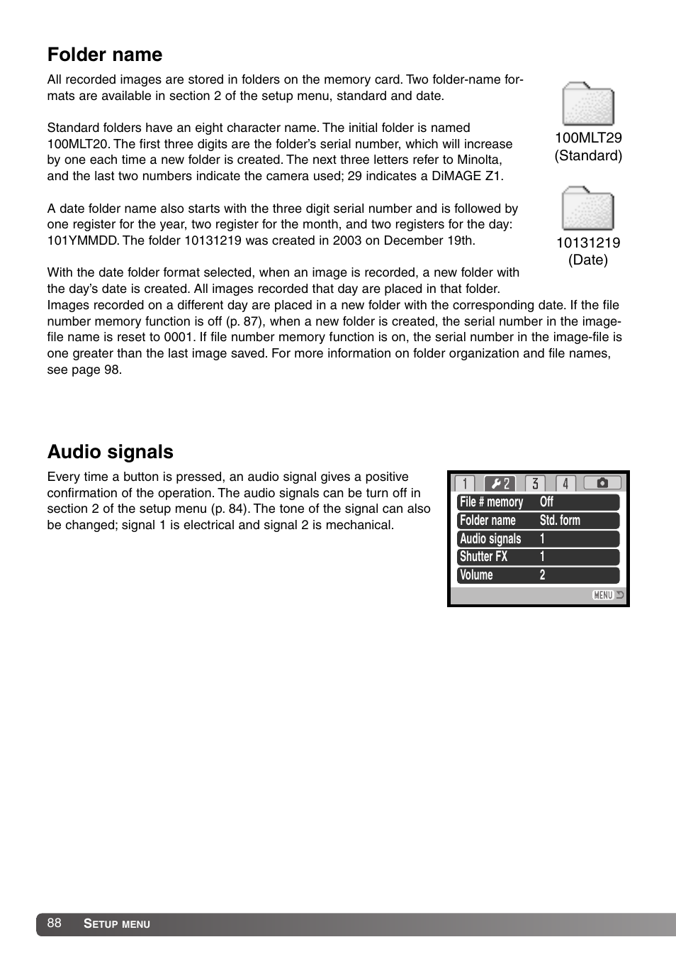 Folder name audio signals, Folder name, Audio signals | Konica Minolta DiMAGE Z1 User Manual | Page 88 / 116