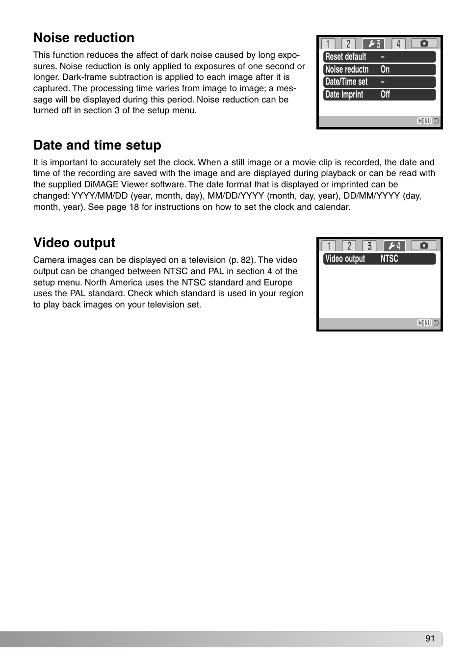 Noise reduction date and time setup video output, Date and time setup, Video output | Noise reduction | Konica Minolta DiMAGE Z1 User Manual | Page 91 / 116