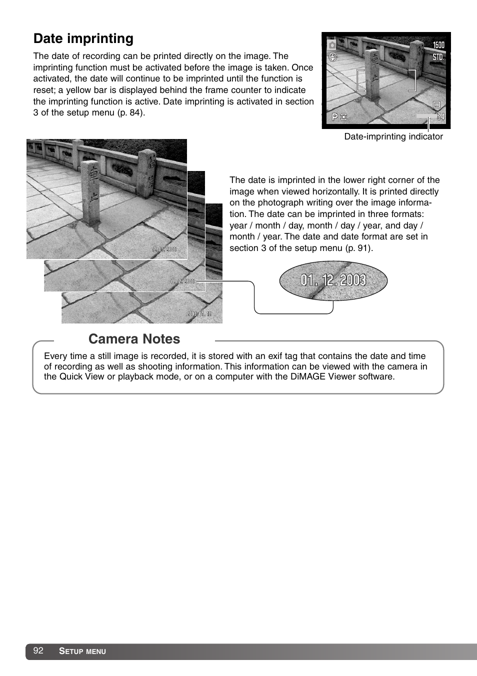 Date imprinting | Konica Minolta DiMAGE Z1 User Manual | Page 92 / 116