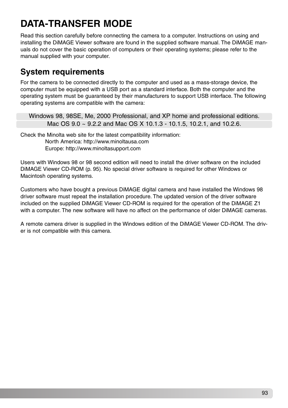 Data-transfer mode, System requirements | Konica Minolta DiMAGE Z1 User Manual | Page 93 / 116