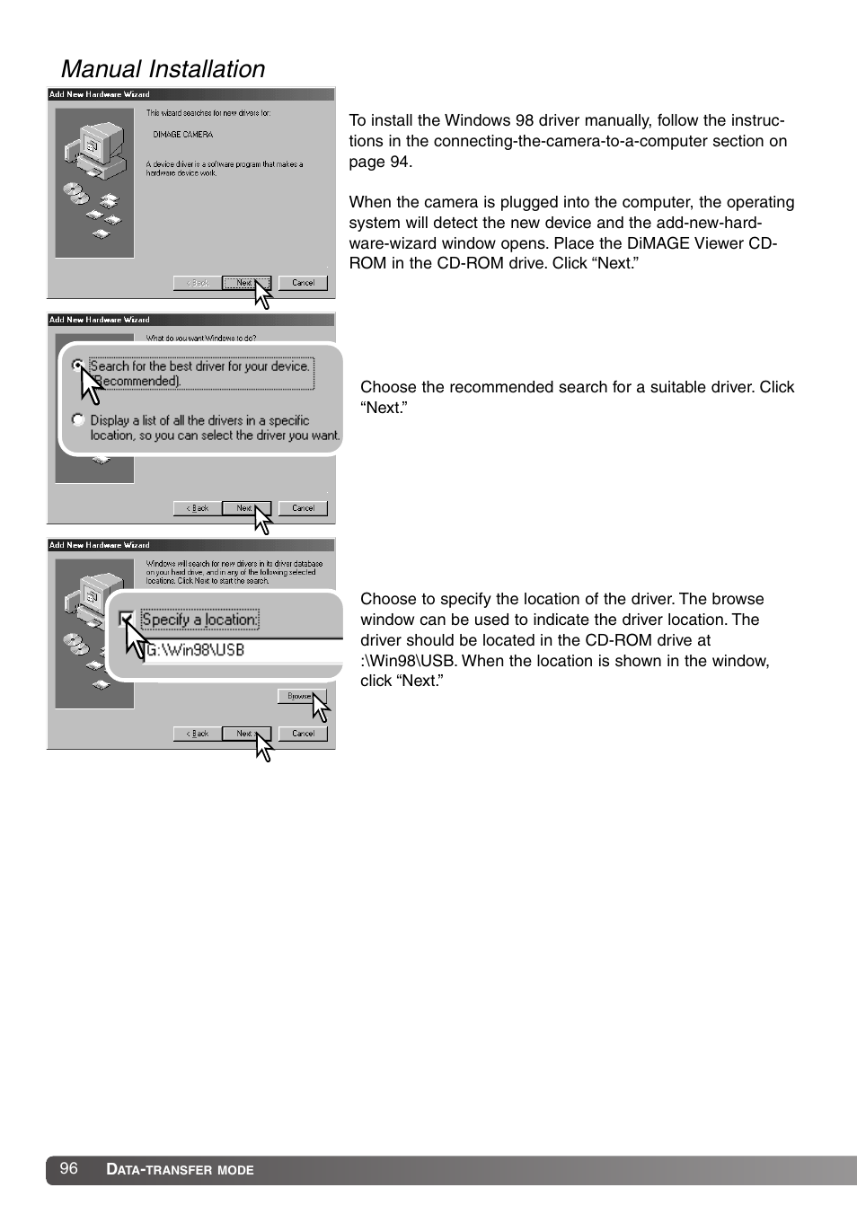 Manual installation | Konica Minolta DiMAGE Z1 User Manual | Page 96 / 116