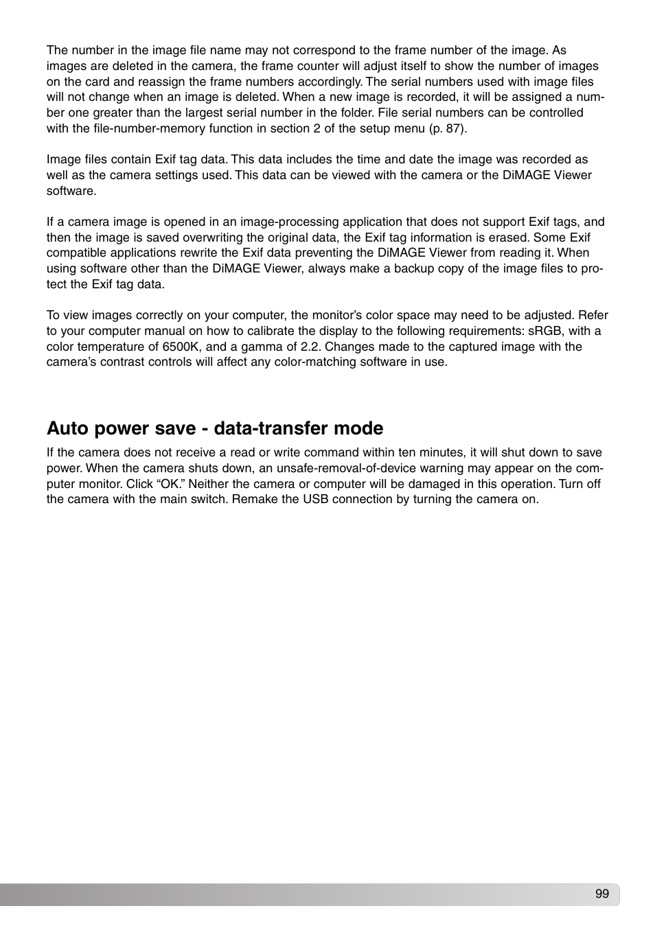 Auto power save - data-transfer mode | Konica Minolta DiMAGE Z1 User Manual | Page 99 / 116