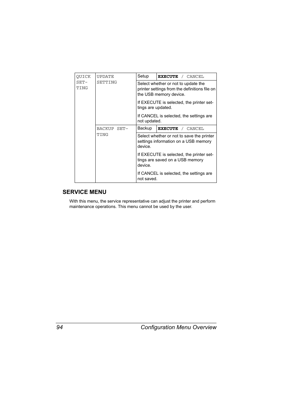 Service menu, Service menu 94, Configuration menu overview 94 service menu | Konica Minolta Bizhub C20P User Manual | Page 108 / 258