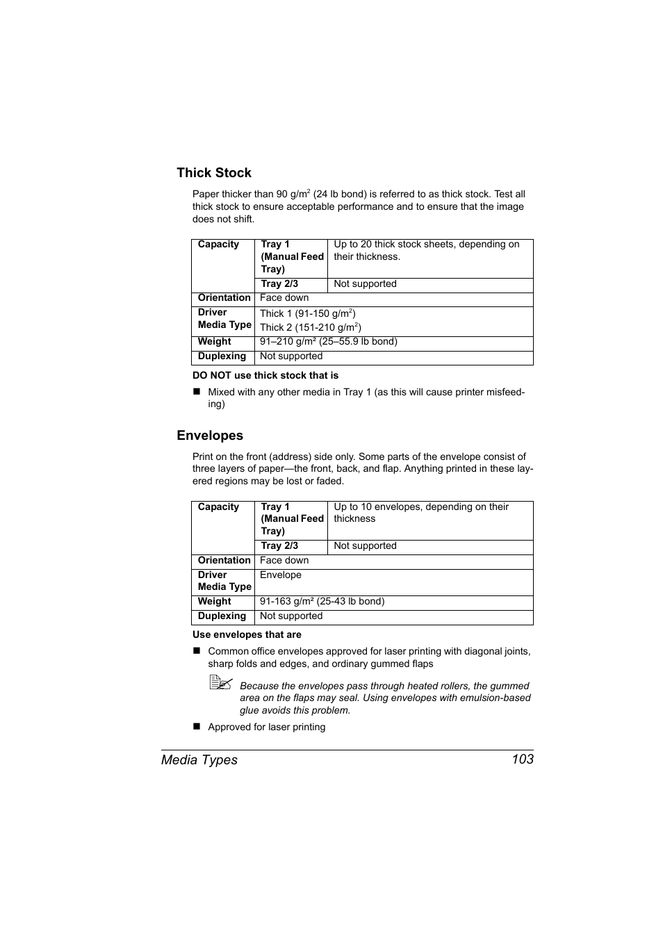 Thick stock, Envelopes, Thick stock 103 envelopes 103 | Media types 103 thick stock | Konica Minolta Bizhub C20P User Manual | Page 117 / 258