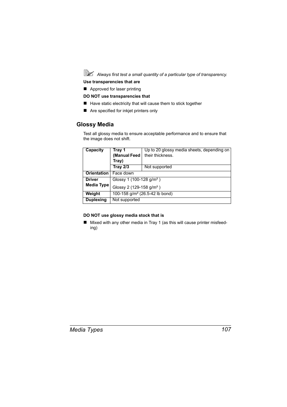 Glossy media, Glossy media 107, Media types 107 | Konica Minolta Bizhub C20P User Manual | Page 121 / 258