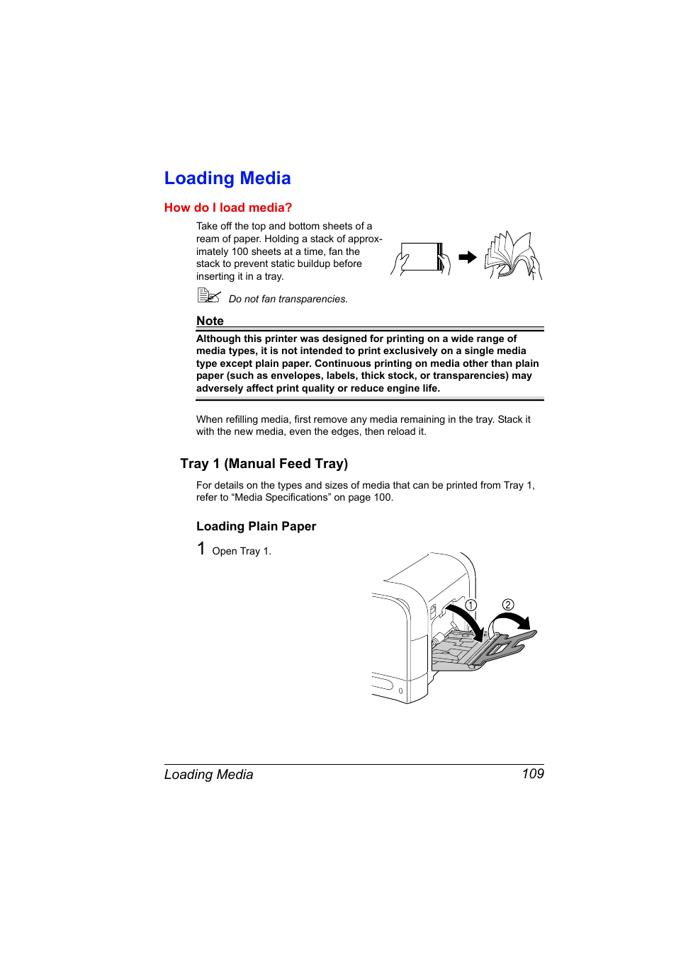 Loading media, Tray 1 (manual feed tray), Loading plain paper | Loading media 109, Tray 1 (manual feed tray) 109, Loading plain paper 109 | Konica Minolta Bizhub C20P User Manual | Page 123 / 258