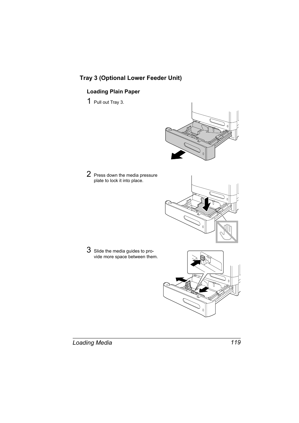 Tray 3 (optional lower feeder unit), Loading plain paper, Tray 3 (optional lower feeder unit) 119 | Loading plain paper 119 | Konica Minolta Bizhub C20P User Manual | Page 133 / 258