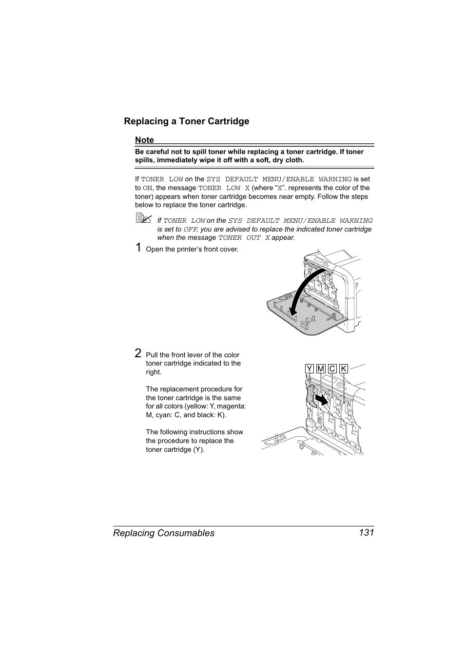 Replacing a toner cartridge, Replacing a toner cartridge 131 | Konica Minolta Bizhub C20P User Manual | Page 145 / 258