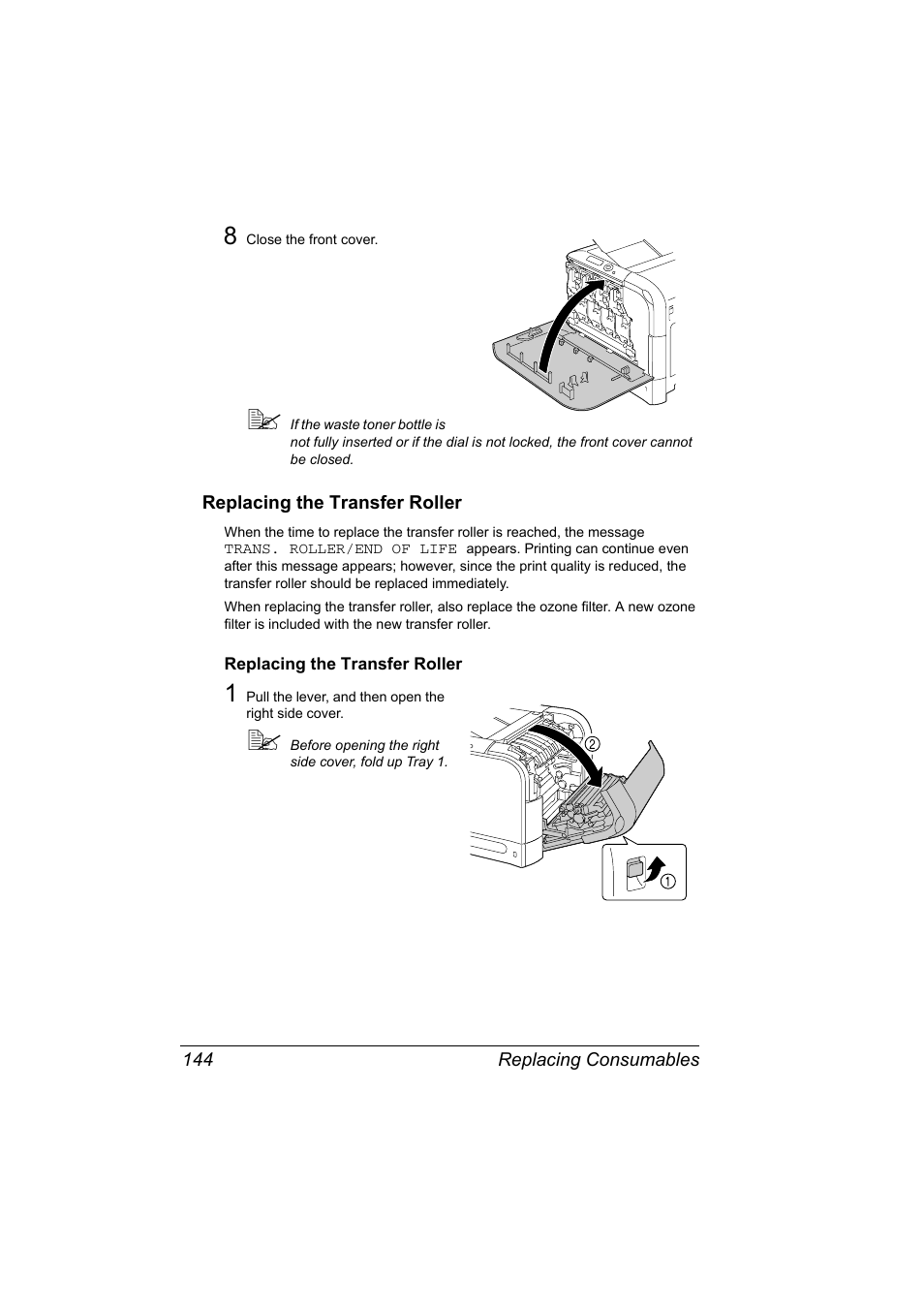 Replacing the transfer roller, Replacing the transfer roller 144 | Konica Minolta Bizhub C20P User Manual | Page 158 / 258