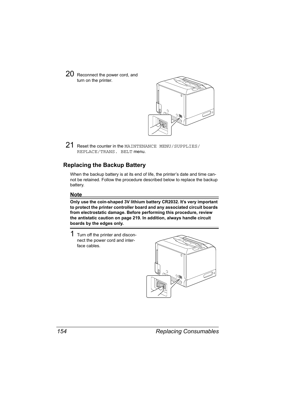 Replacing the backup battery, Replacing the backup battery 154 | Konica Minolta Bizhub C20P User Manual | Page 168 / 258