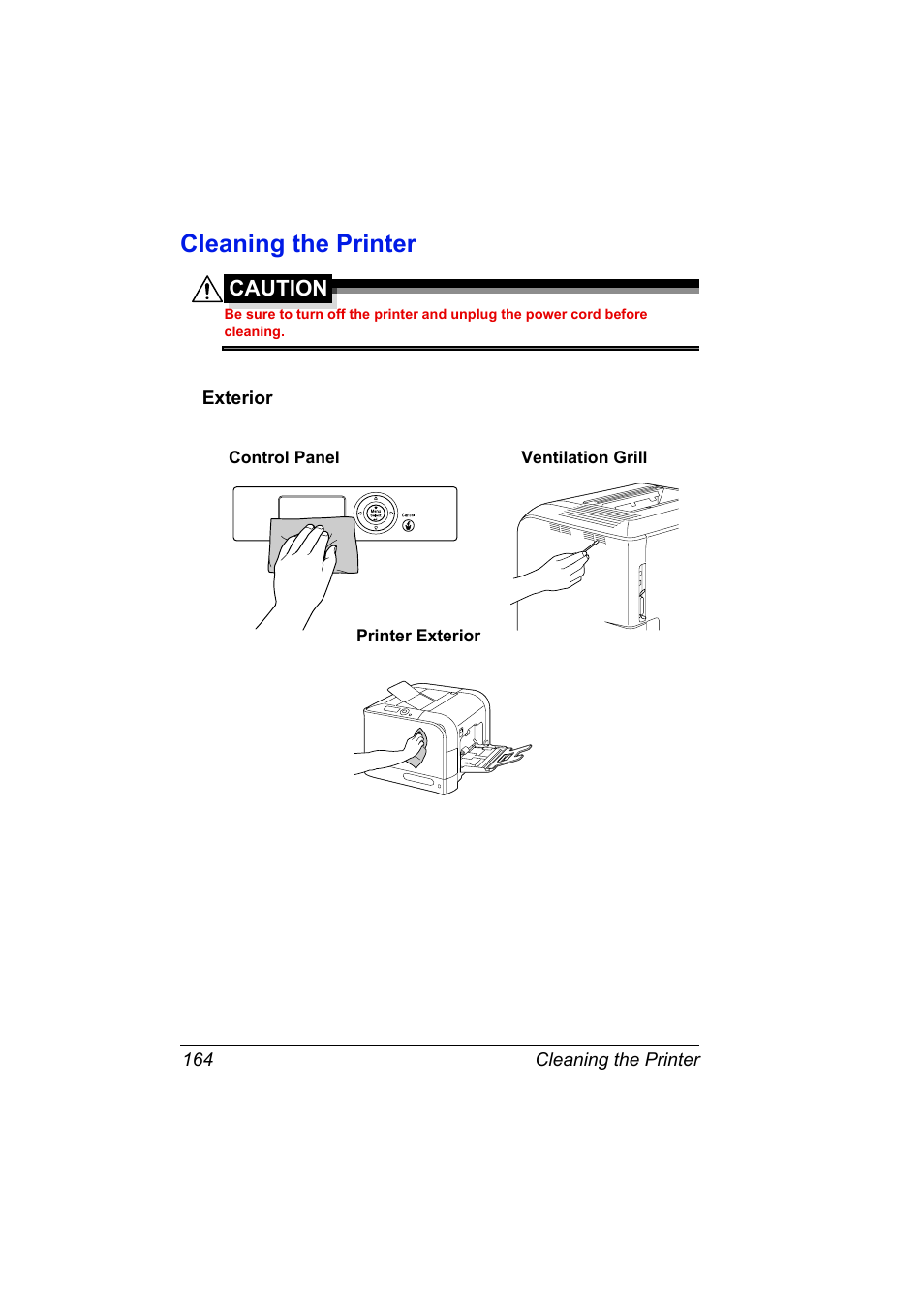 Cleaning the printer, Exterior, Cleaning the printer 164 | Exterior 164 | Konica Minolta Bizhub C20P User Manual | Page 178 / 258