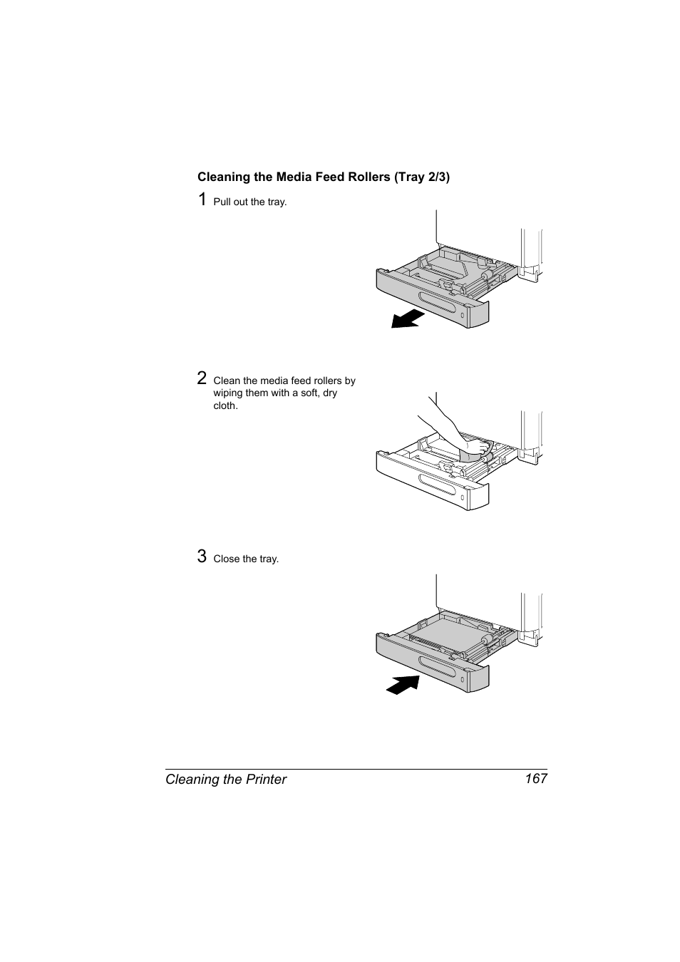Cleaning the media feed rollers (tray 2/3), Cleaning the media feed rollers (tray 2/3) 167 | Konica Minolta Bizhub C20P User Manual | Page 181 / 258