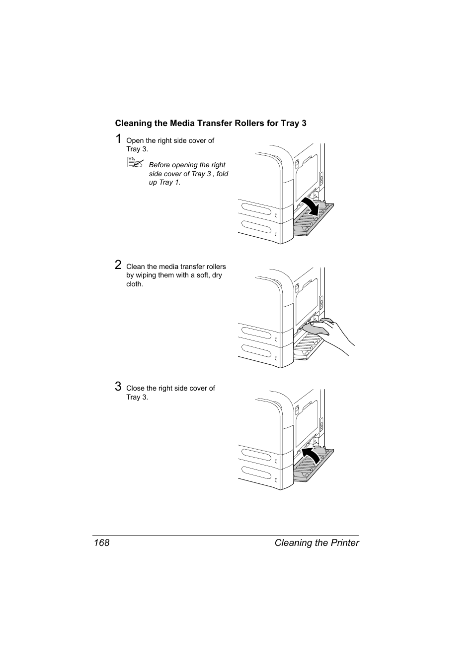 Cleaning the media transfer rollers for tray 3, Cleaning the media transfer rollers for tray 3 168 | Konica Minolta Bizhub C20P User Manual | Page 182 / 258