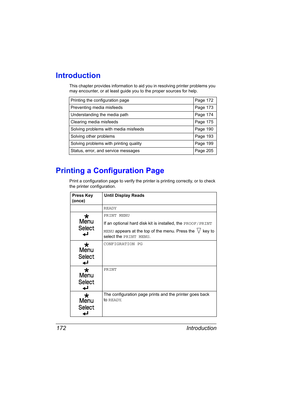 Introduction, Printin g a configuration page, Introduction 172 | Konica Minolta Bizhub C20P User Manual | Page 186 / 258