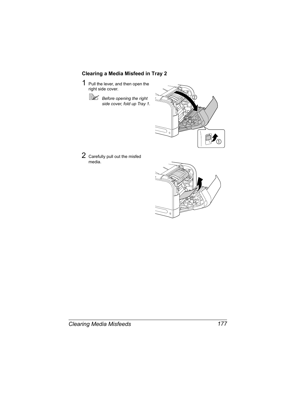 Clearing a media misfeed in tray 2, Clearing a media misfeed in tray 2 177 | Konica Minolta Bizhub C20P User Manual | Page 191 / 258