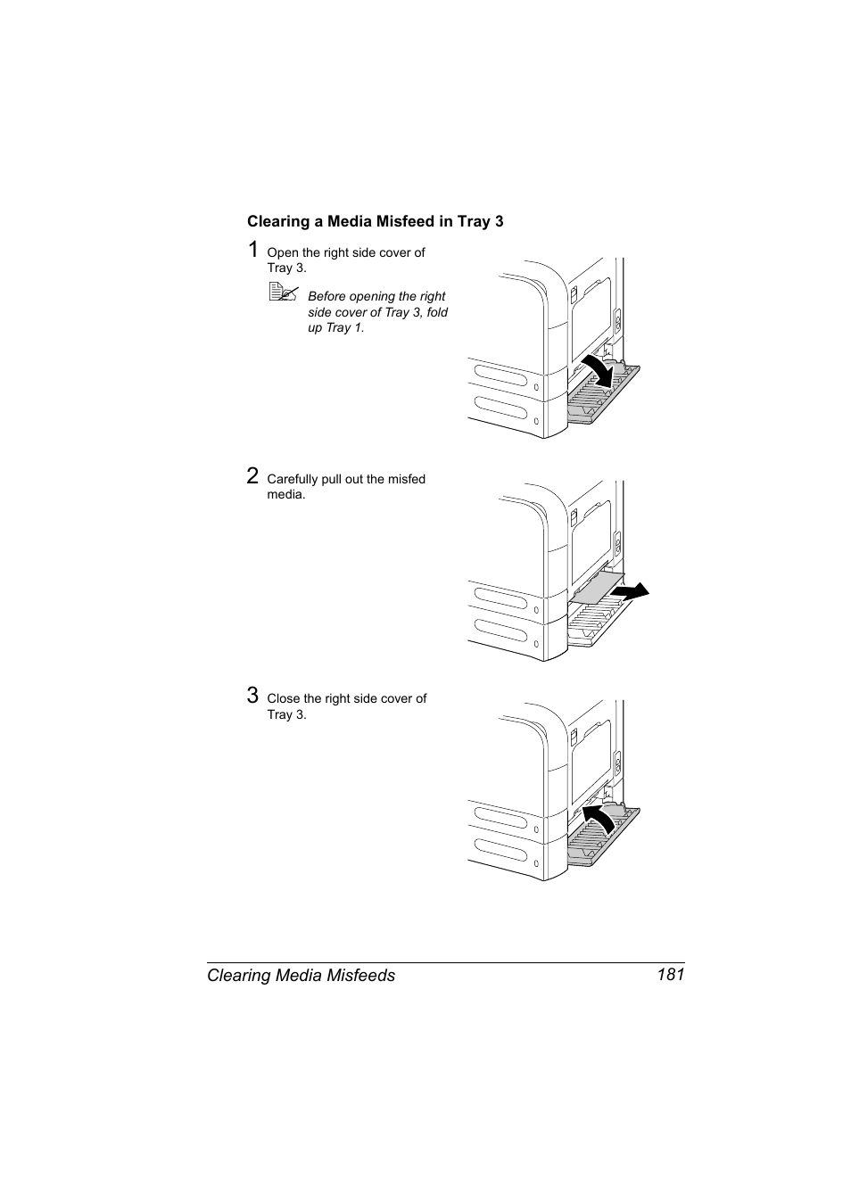 Clearing a media misfeed in tray 3, Clearing a media misfeed in tray 3 181 | Konica Minolta Bizhub C20P User Manual | Page 195 / 258