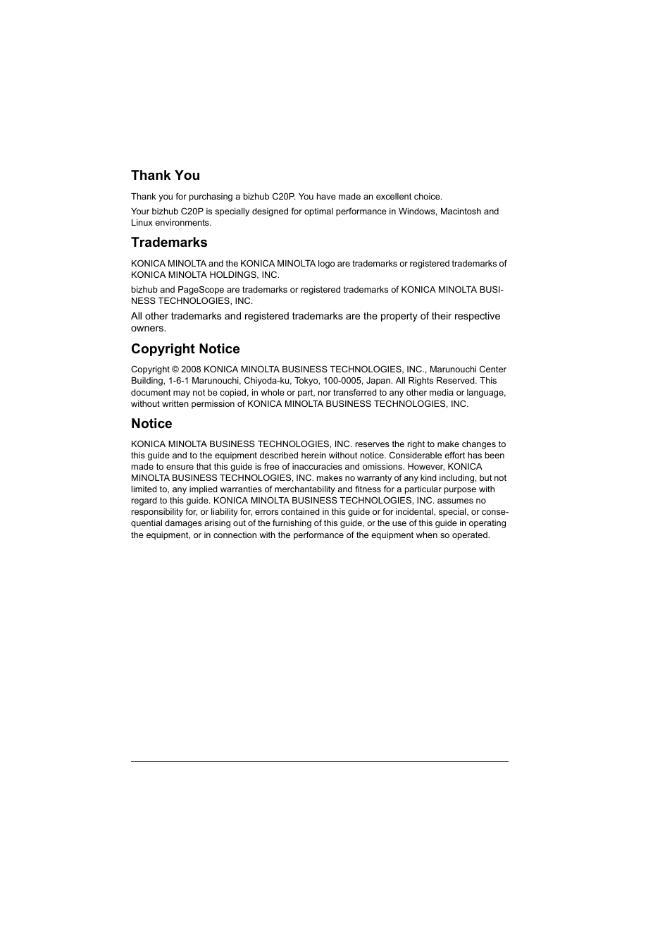 Trademarks, Copyright notice, Notice | Konica Minolta Bizhub C20P User Manual | Page 2 / 258