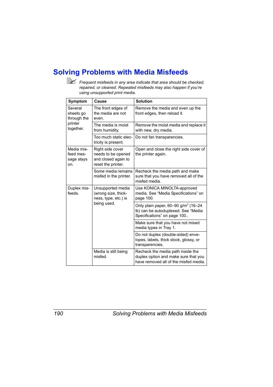 Solving problems with media misfeeds, Solving problems with media misfeeds 190 | Konica Minolta Bizhub C20P User Manual | Page 204 / 258