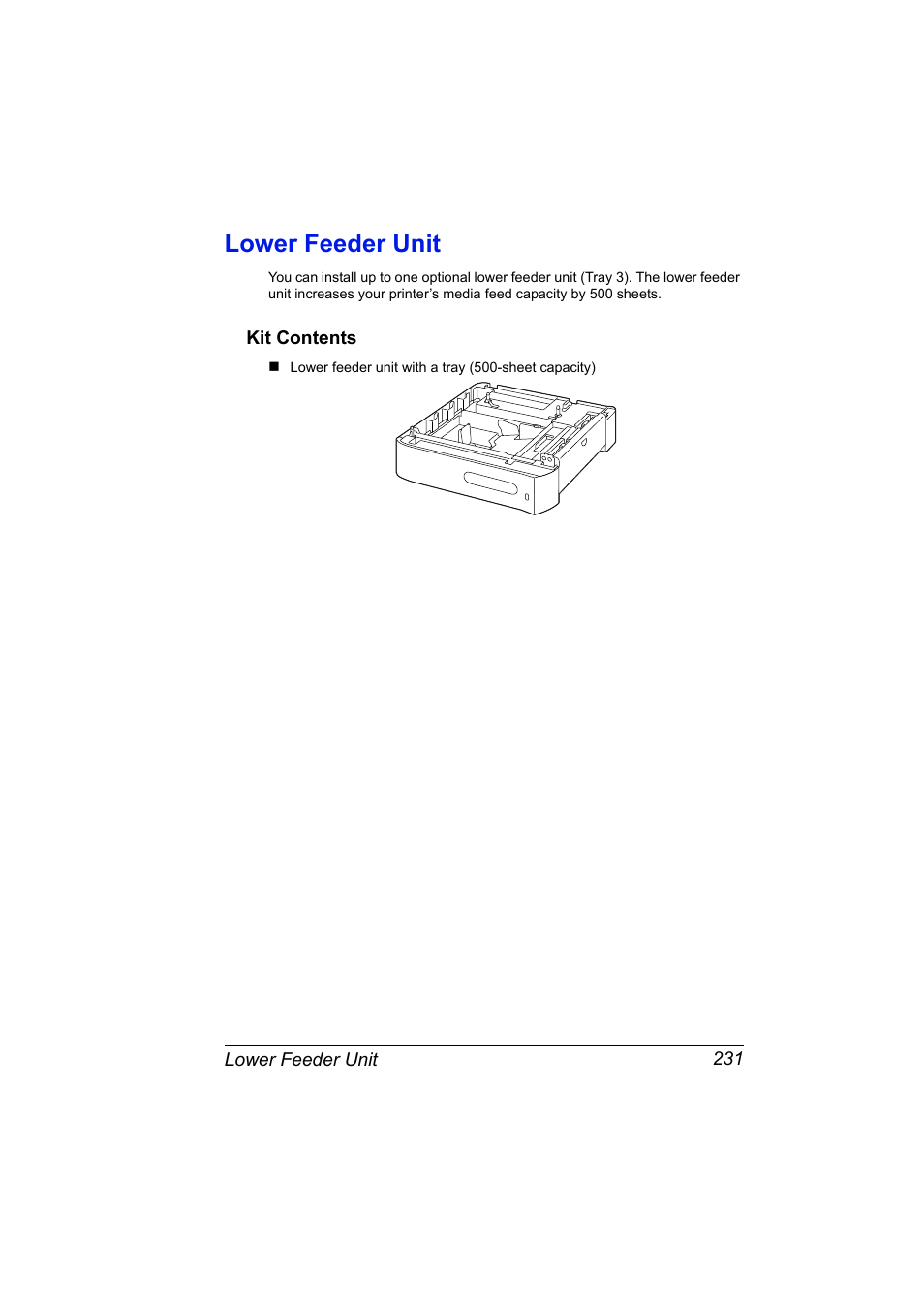 Lower feeder unit, Kit contents, Lower feeder unit 231 | Kit contents 231 | Konica Minolta Bizhub C20P User Manual | Page 245 / 258