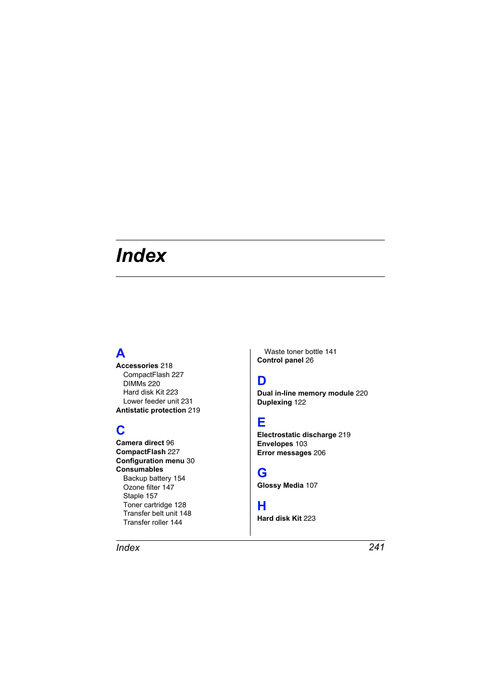 Index, A to h | Konica Minolta Bizhub C20P User Manual | Page 255 / 258