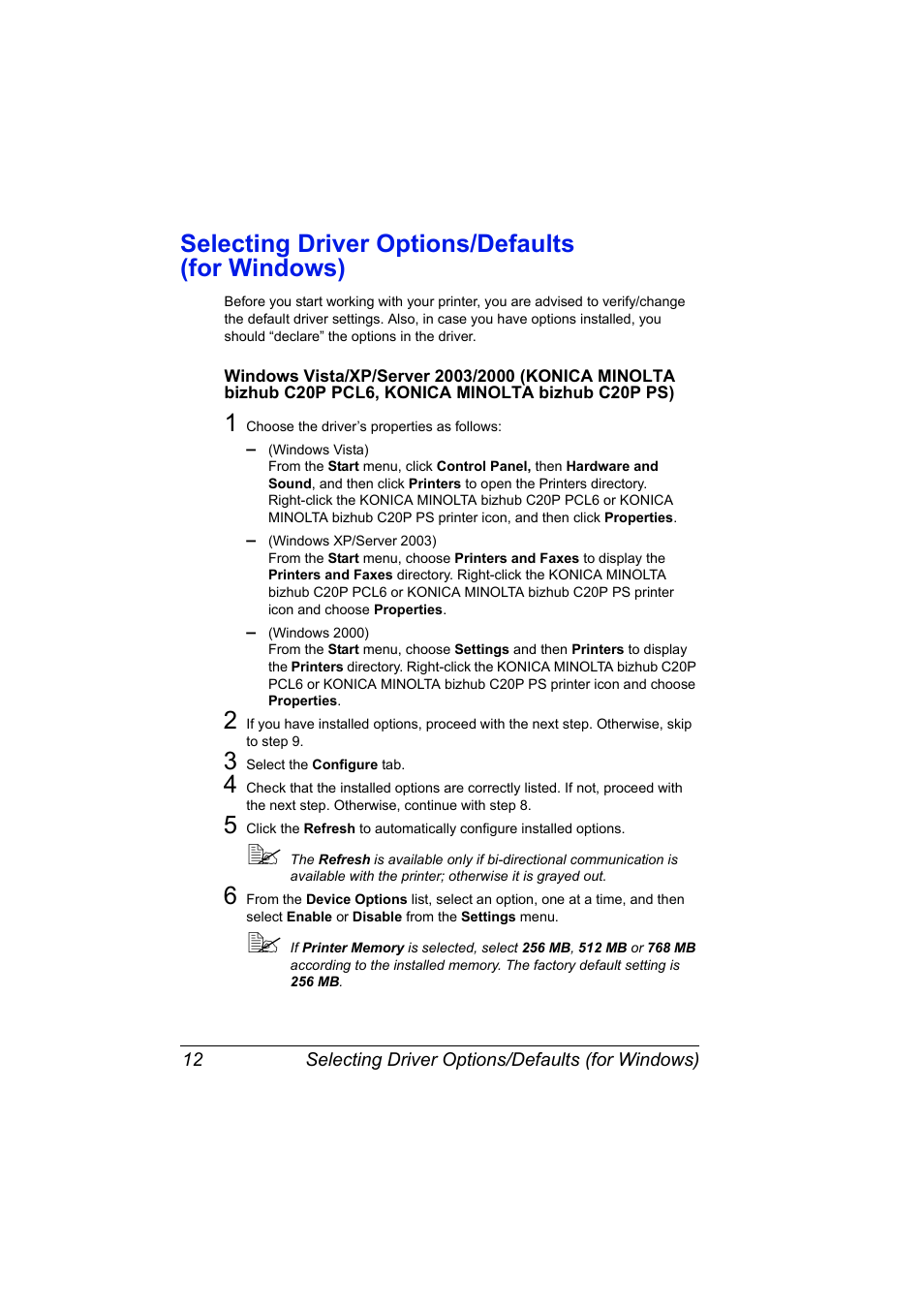 Selecting driver options/defaults (for windows), Selecting driver options/defaults (for windows) 12 | Konica Minolta Bizhub C20P User Manual | Page 26 / 258