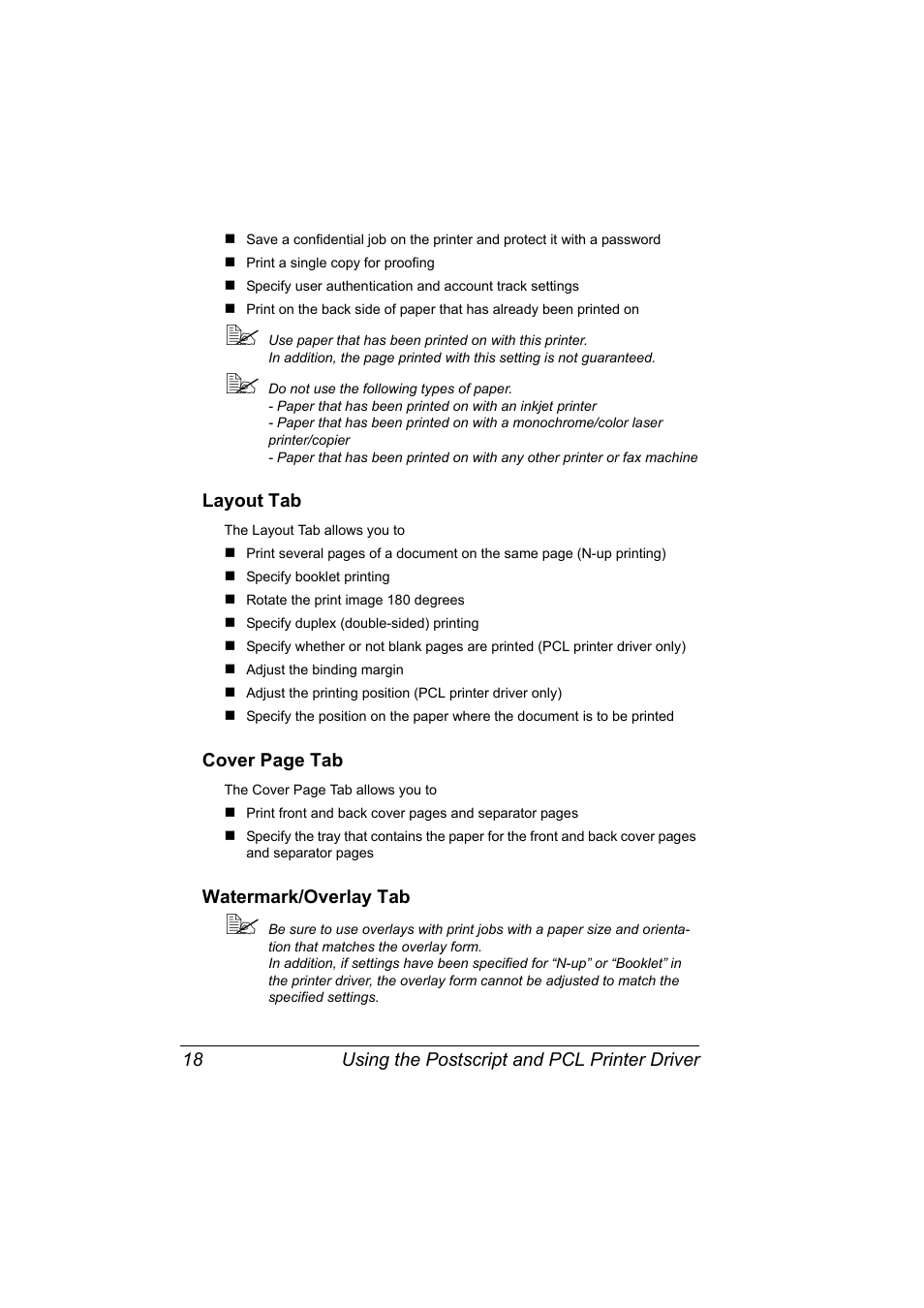 Layout tab, Watermark/overlay tab | Konica Minolta Bizhub C20P User Manual | Page 32 / 258