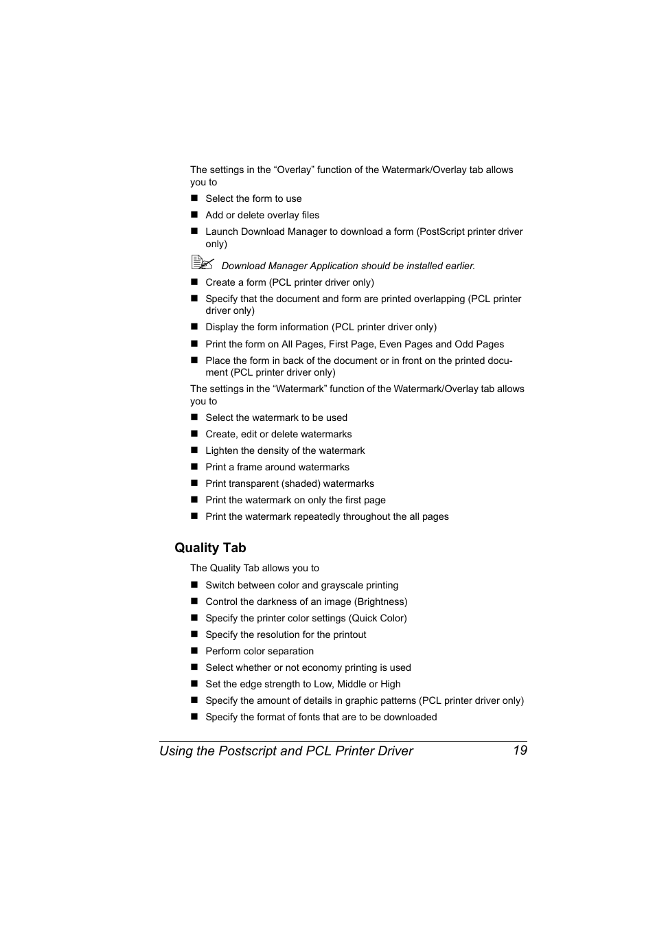 Quality tab, Quality tab 19, Using the postscript and pcl printer driver 19 | Konica Minolta Bizhub C20P User Manual | Page 33 / 258