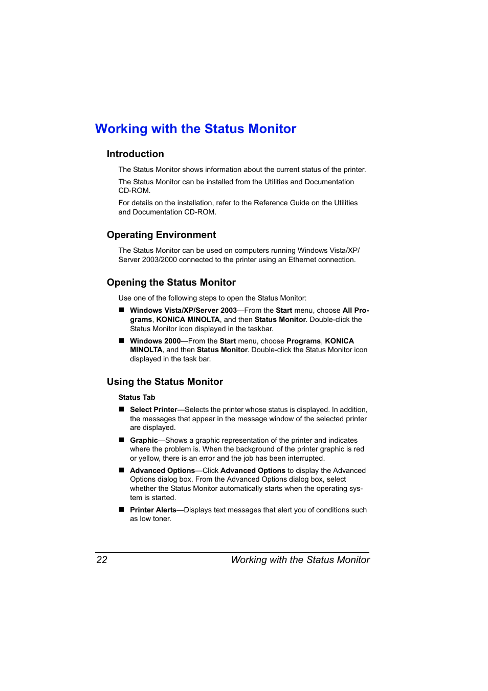 Working with the status monitor, Introduction, Operating environment | Opening the status monitor, Using the status monitor, Working with the status monitor 22 | Konica Minolta Bizhub C20P User Manual | Page 36 / 258
