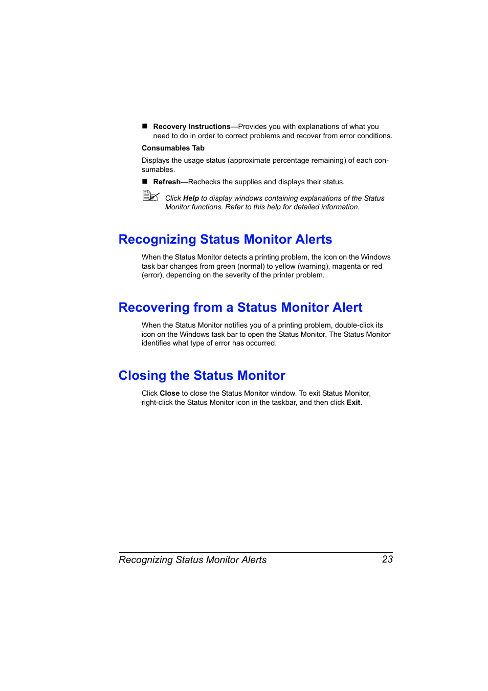 Recognizing status monitor alerts, Recovering from a status monitor alert, Closing the status monitor | Konica Minolta Bizhub C20P User Manual | Page 37 / 258
