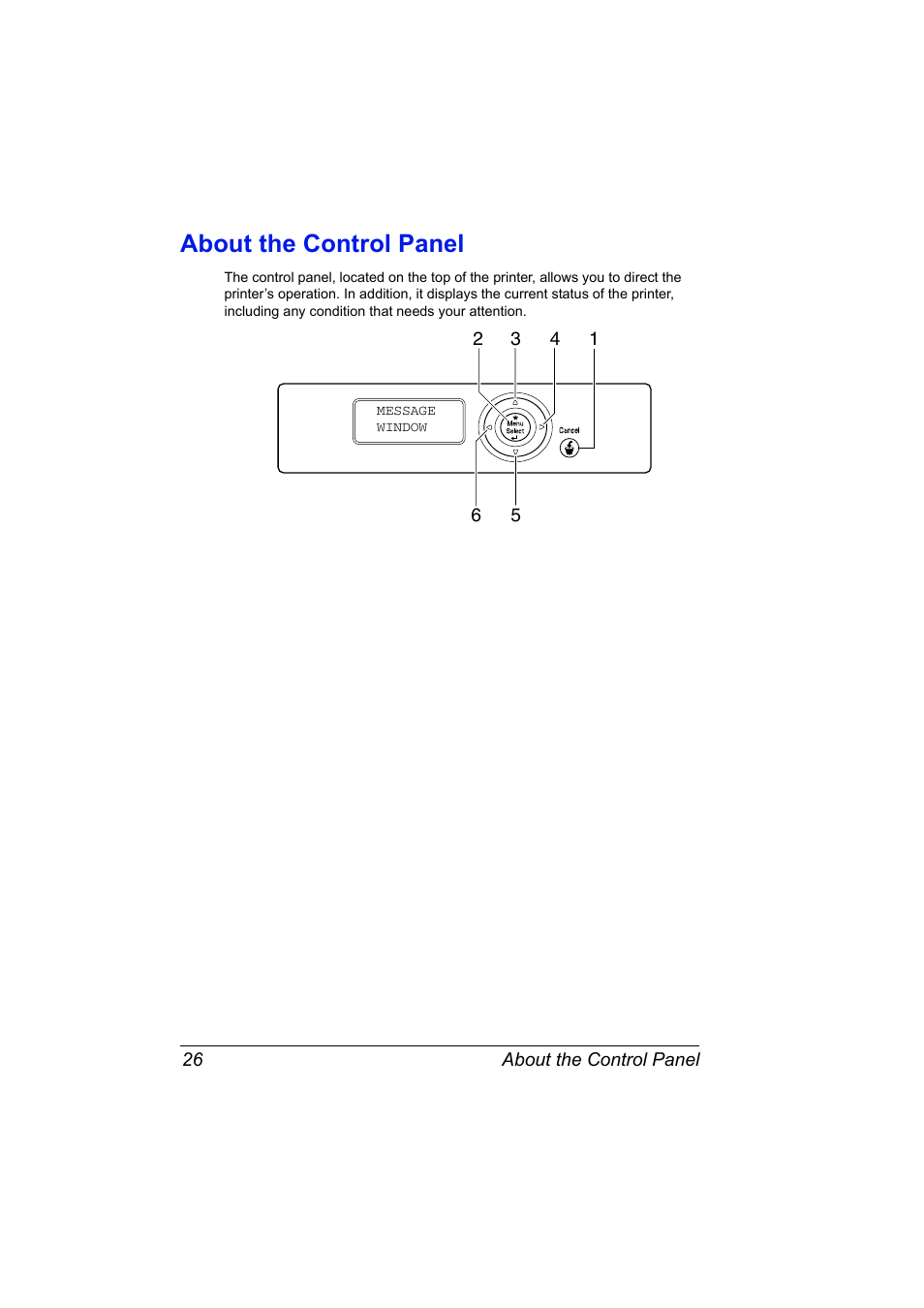 About the control panel, About the control panel 26 | Konica Minolta Bizhub C20P User Manual | Page 40 / 258