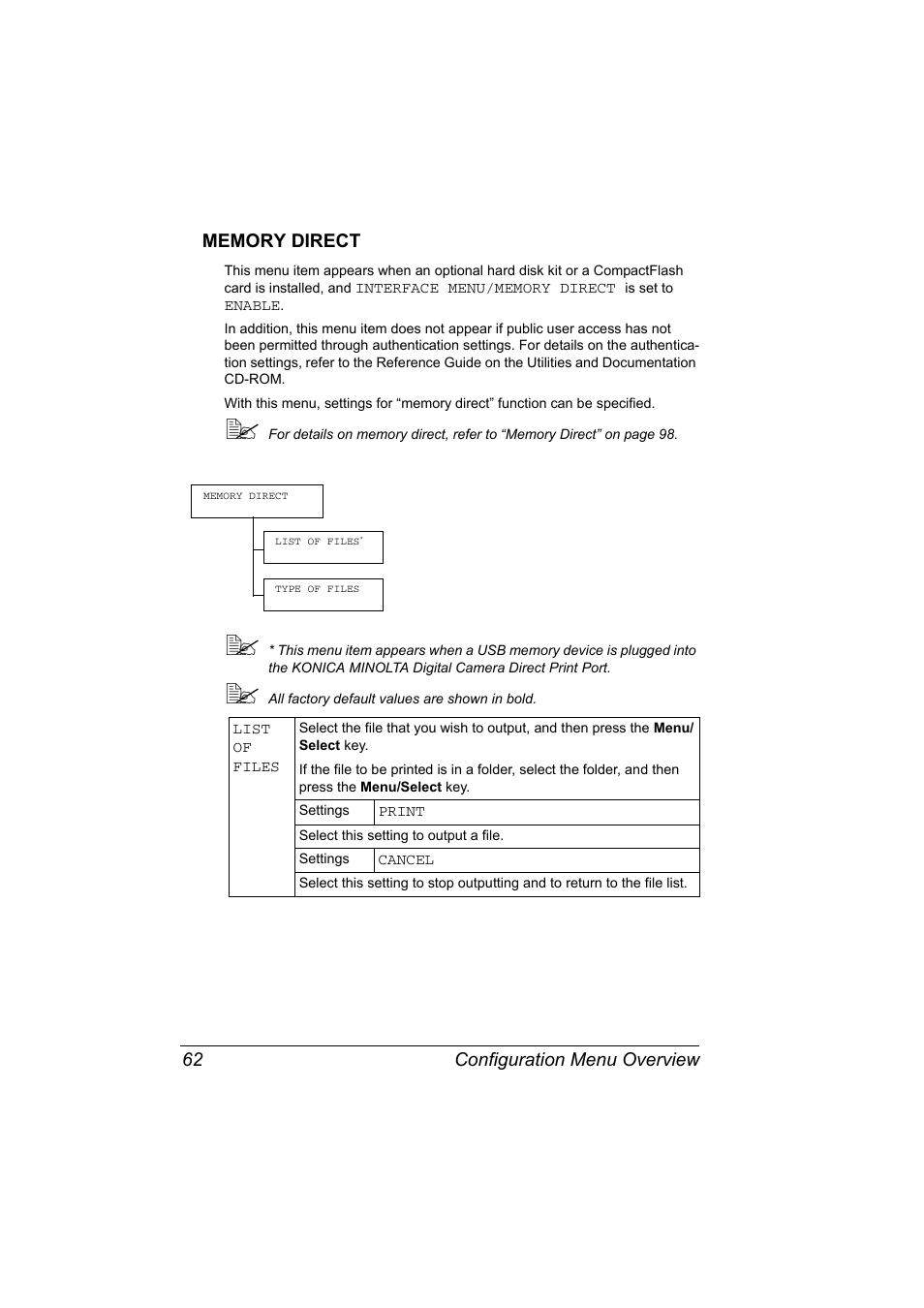 Memory direct, Memory direct 62 | Konica Minolta Bizhub C20P User Manual | Page 76 / 258
