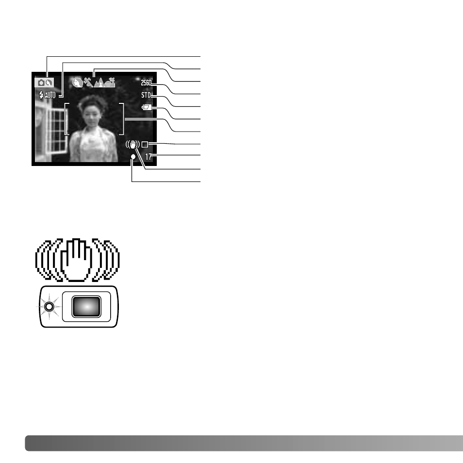 Lcd monitor display, Camera-shake warning | Konica Minolta X50 User Manual | Page 22 / 108