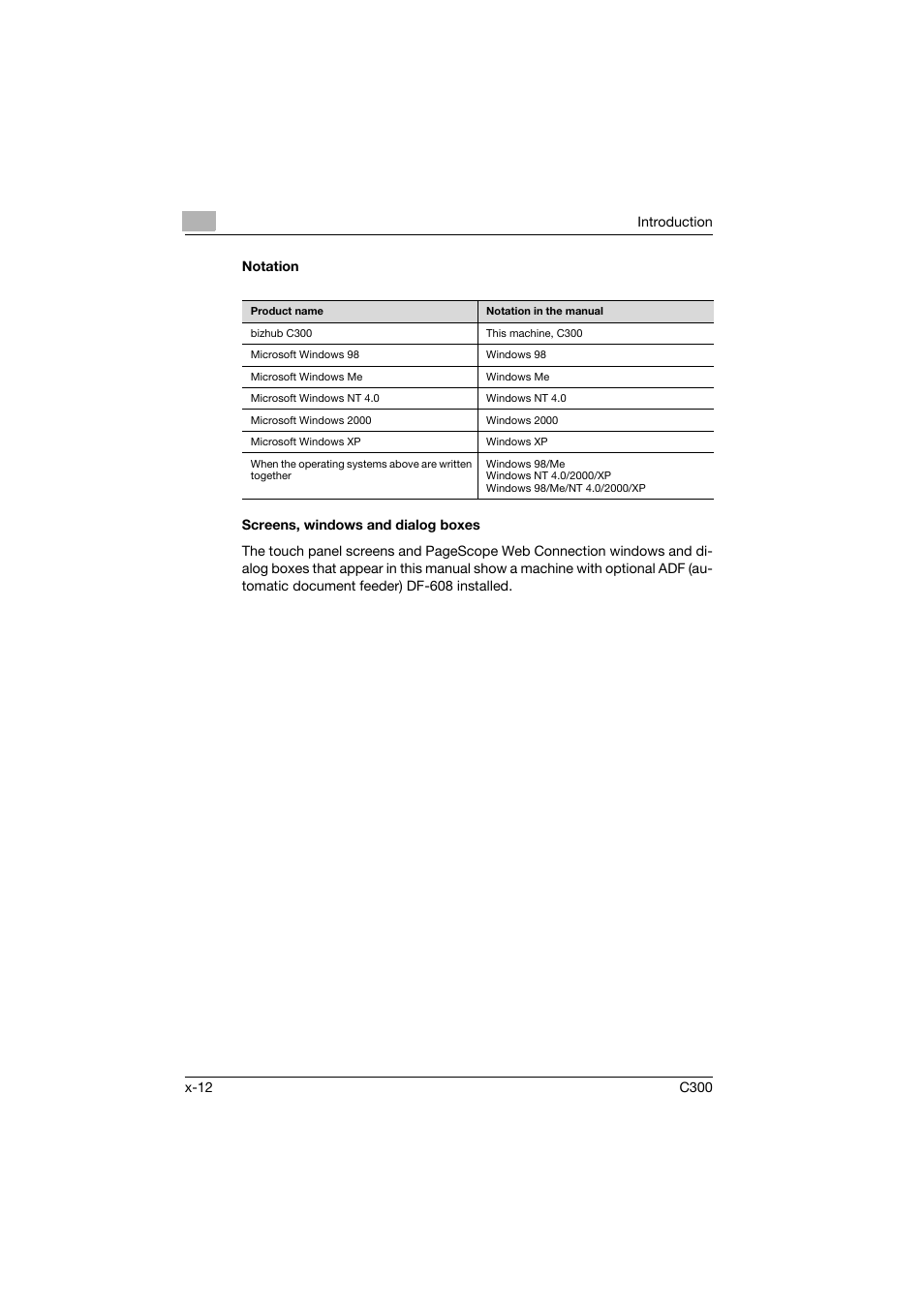 Notation, Screens, windows and dialog boxes | Konica Minolta bizhub C300 User Manual | Page 13 / 198