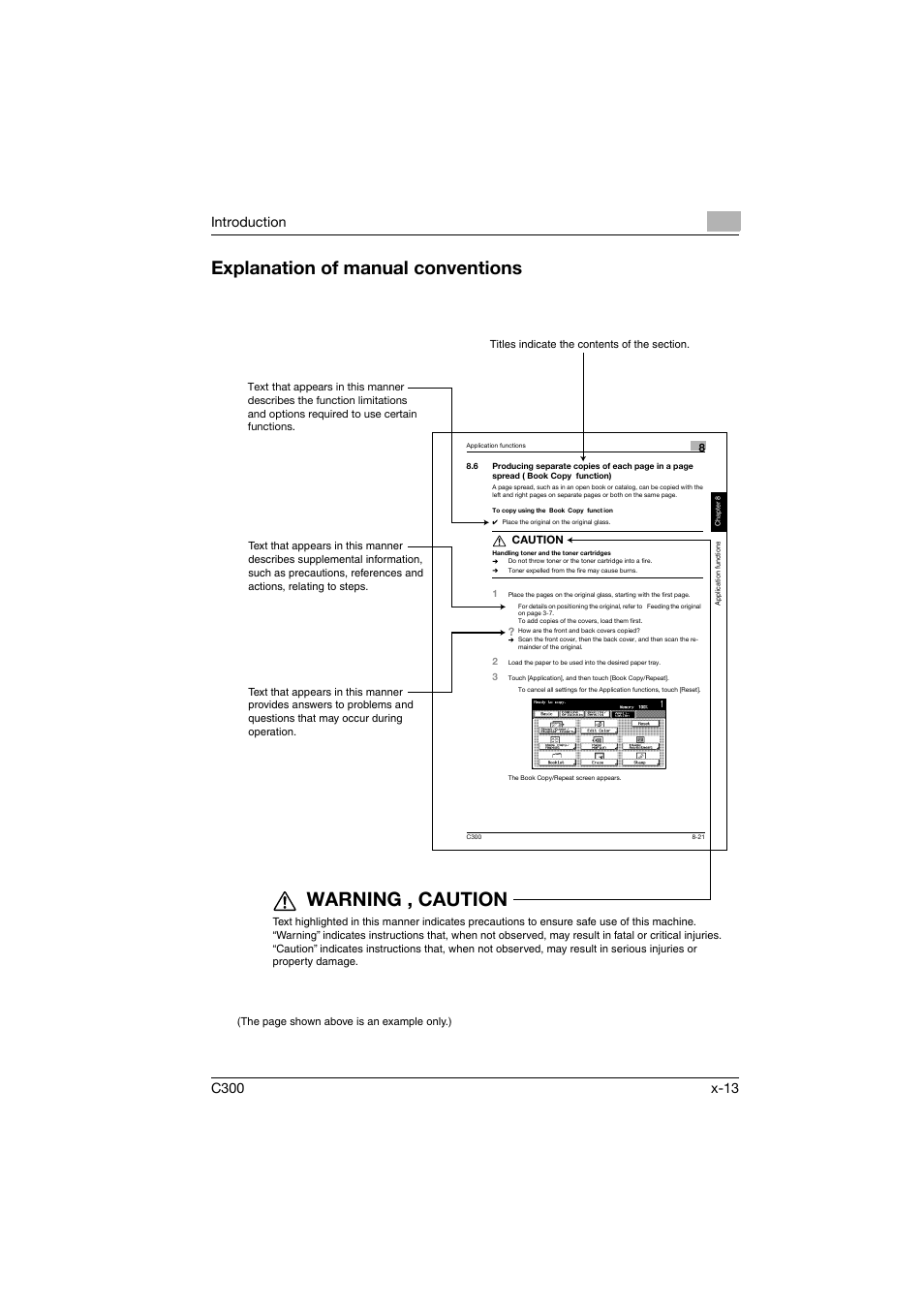 Explanation of manual conventions, Warning , caution | Konica Minolta bizhub C300 User Manual | Page 14 / 198