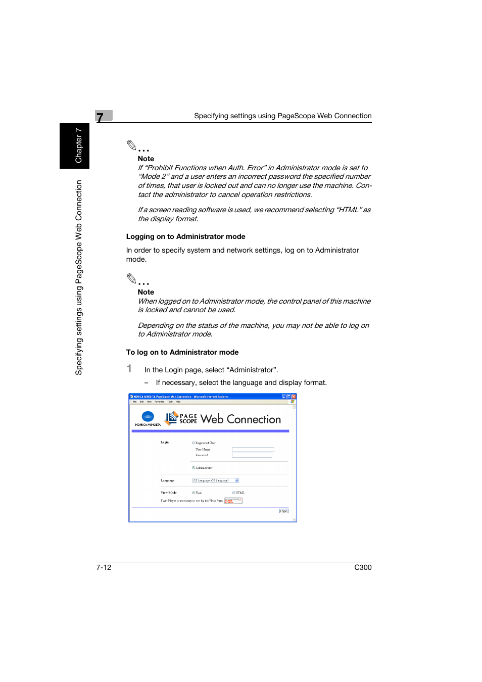 Logging on to administrator mode, To log on to administrator mode | Konica Minolta bizhub C300 User Manual | Page 169 / 198